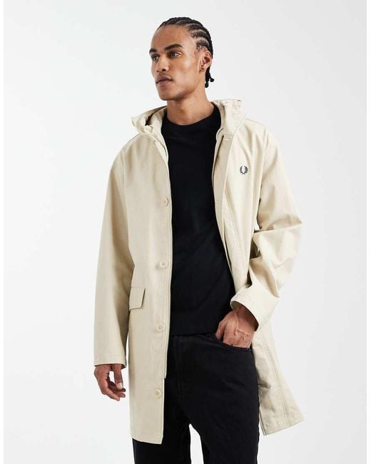 Fred Perry White Groundsman Long Hooded Logo Parka Jacket for men