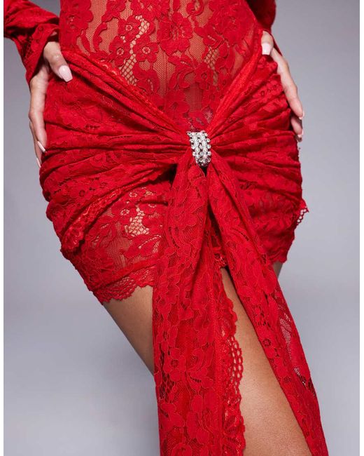 Murci Red Exclusive Lace High Neck Long Sleeve Diamante Detail Drape Front Mini Dress