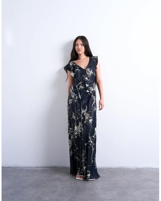 Robe volantée longue à imprimé fleuri et bords bruts - et blanc TOPSHOP en coloris Blue