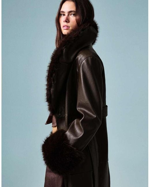 Bershka Brown Leather Effect Coat With Contrast Faux Fur