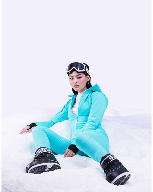 ASOS 4505 Blue Ski Belted Ski Suit With Skinny Leg And Hood
