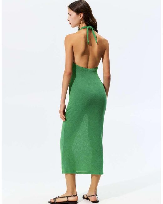 Pull&Bear Gebreide Midi-Jurk Met Halternek in het Green
