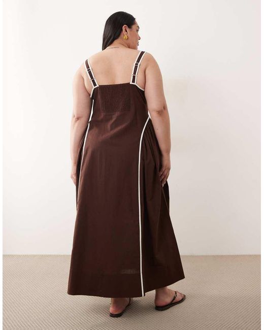 ASOS Brown Asos Design Curve Square Neck Midi Sundress With Sculpted Bust And Contrast Piping