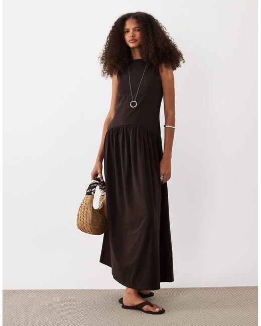 ASOS Brown Rib Mix Midi Dress With Drop Waist