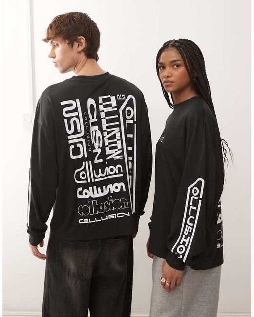 Collusion Black Unisex Sports Airtex Logo Printed T-shirt