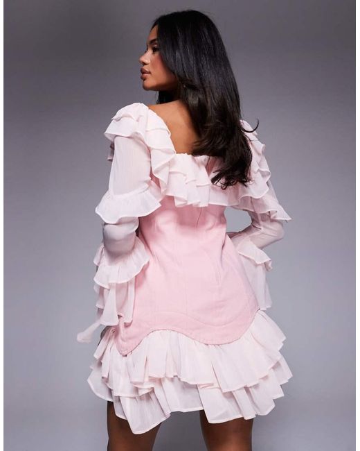 ASOS Pink Denim Corset Mini Dress With Chiffon Sleeves And Hem