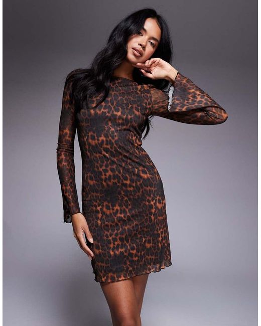 Brave Soul Mini-Jurk Van Mesh Met Lange Mouwen En Luipaardprint in het Brown