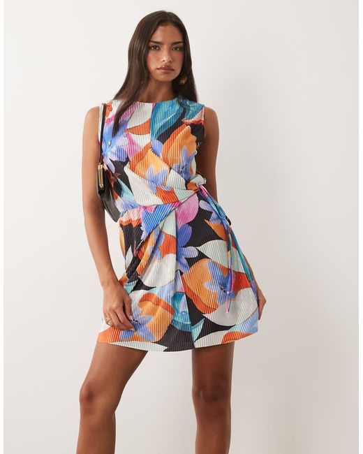 ASOS Multicolor Plissé Sleeveless Wrap Tie Front Mini Dress
