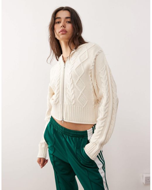 Monki White Cable Knit Hooded Cardigan With Double Zip Detail