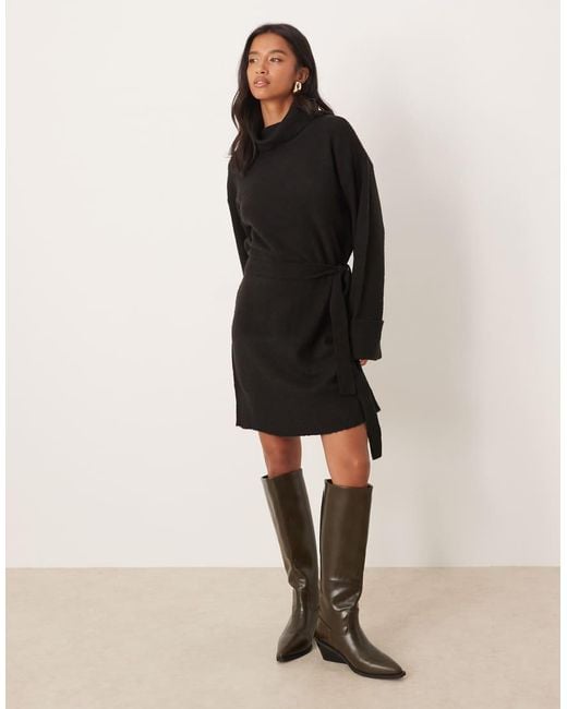 Vila Black Tie Waist High Neck Knitted Mini Dress