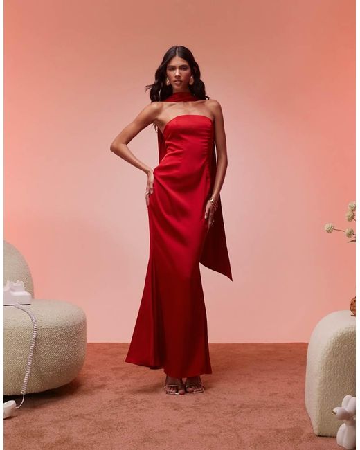 Oh Polly Red Mandi Scarf Detail Strapless Maxi Dress