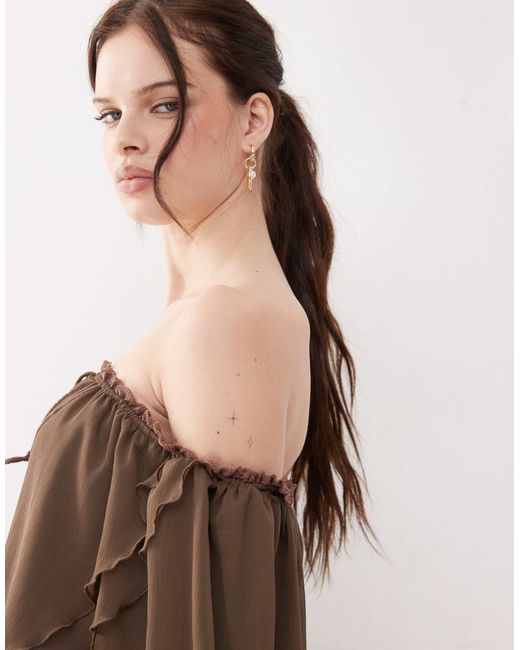 The Kript Brown Boho Off Shoulder Ruffle Top