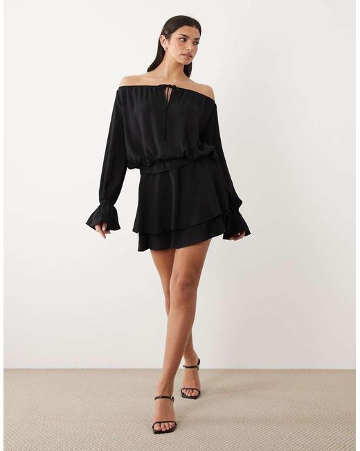 Gina Tricot Black Off The Shoulder Long Sleeve Frill Mini Dress