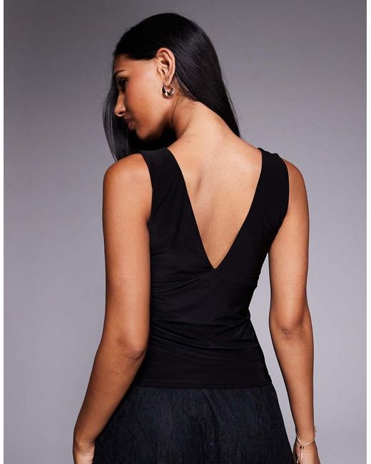 Fashionkilla Black Double Sculpted Slinky Lace Trim V Neck Tank Top