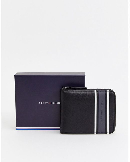 Tommy Hilfiger Zip Around Wallet With Grey Stripe Detail In Black for men