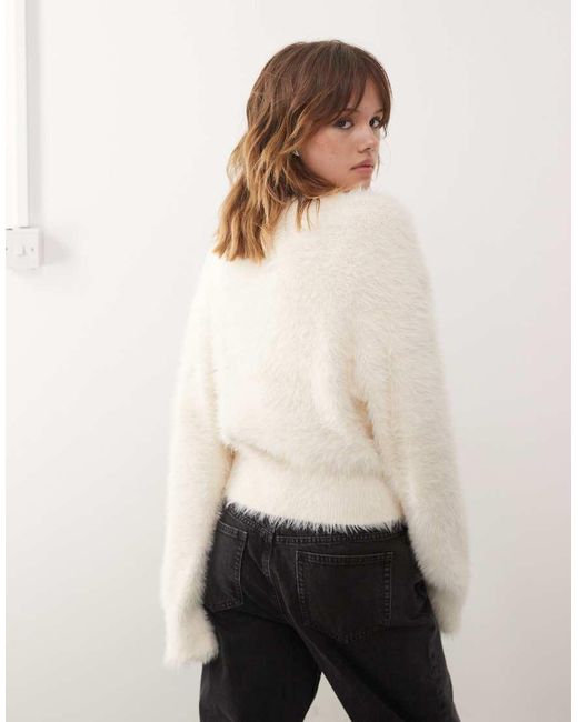 Monki Natural Hairy Knit Sweater With Front Slit Detail