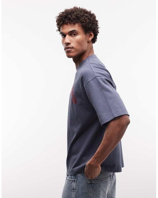 ASOS Blue Super Heavyweight Oversized T-Shirt With Chest Embroidery for men