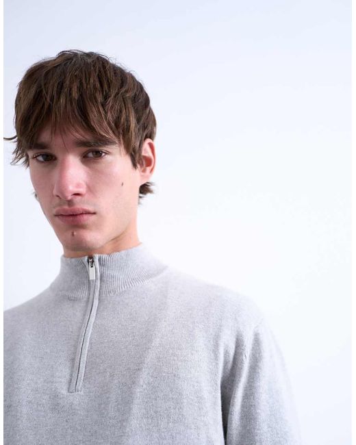 Topman Gray Essential Knit 1/4 Zip Funnel for men
