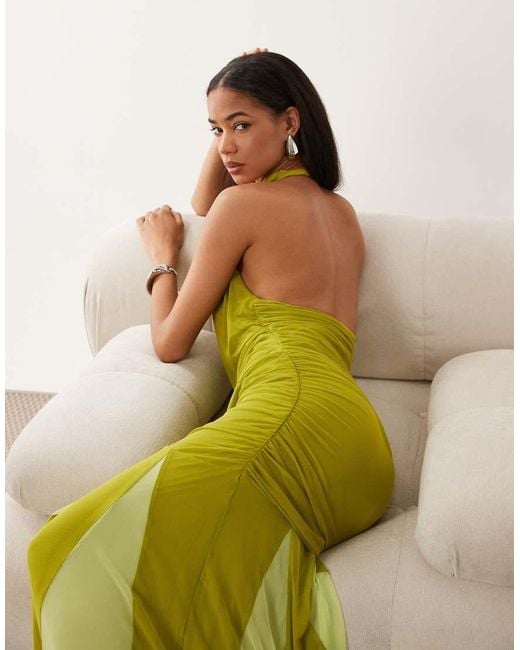 ASOS Green High Halter Mesh Maxi Dress With Contrast Godets