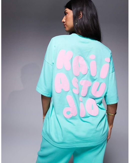 Camiseta Color Aguamarina Y Rosa Pastel Extragrande Con Logo Estampado En Relieve De (Parte De Un Conjunto)-Azul Kaiia de color Blue