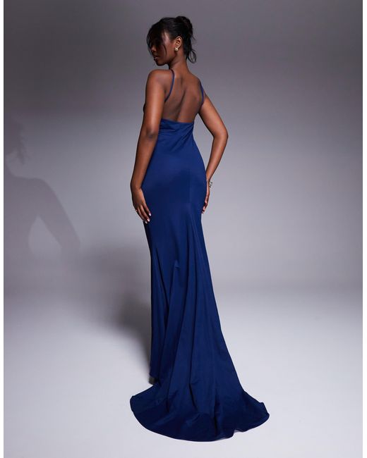 ASOS Blue Premium Jersey Linen Halterneck Maxi Dress With Multi Trim Detail And Train