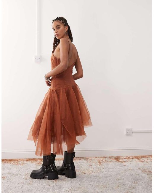 brown organza dress Cherry Gown In Mughal-inspired Design With Kalidar Motifs Paired With A Sleeveless Bodice And Draped Bell Sleeve On One Shoulder