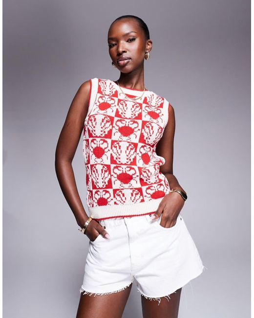 Top Sin Mangas Con Estampado De Cangrejos De Punto De River Island de color Red