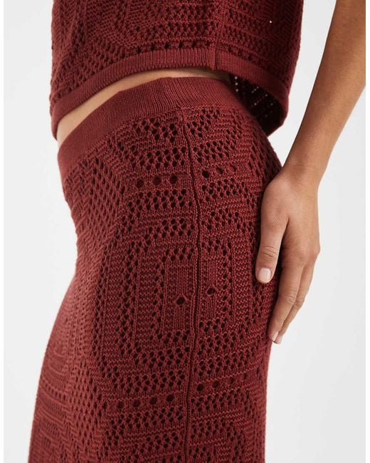 Aware Red Mid Rise Patterened Crochet Midi Skirt Co-ord