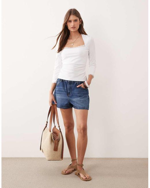 ASOS White 3/4 Sleeve Square Neck Top With Lace Hem