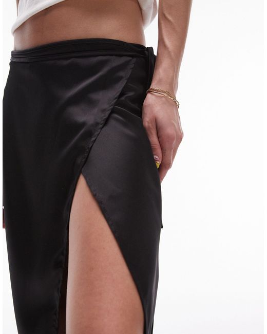 TOPSHOP Black Satin Wrap Midi Skirt