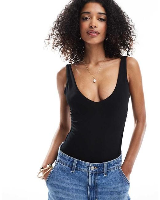 Bershka Black Plunge Neck Bodysuit With Side Ruching