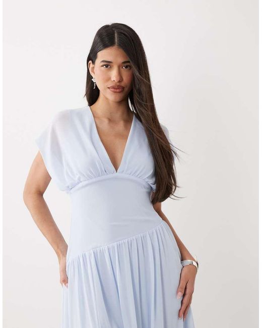 TFNC London White Chiffon V Neck And Back Asymmetric Drop Waist Maxi Dress