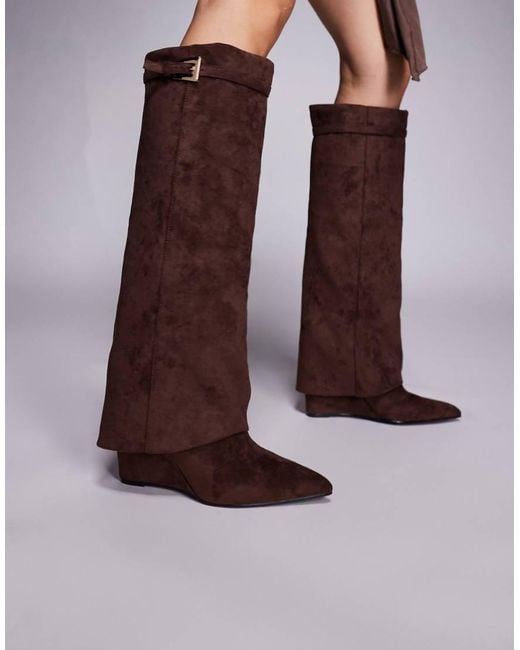 Public Desire Brown Kola Wedge Heel Foldover Knee Boots
