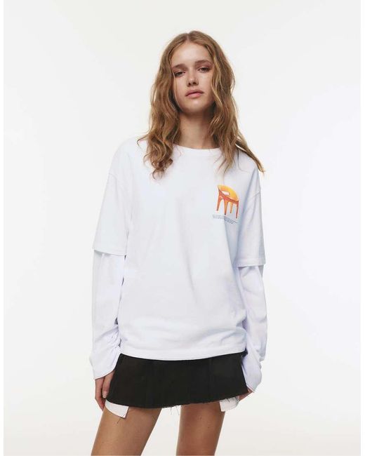 T-Shirt Color Ghiaccio Con Scritta E Stampa Di Mobile di Pull&Bear in White