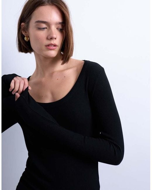 TOPSHOP Black Premium Rib Long Sleeve Wide Scoop Neck Top
