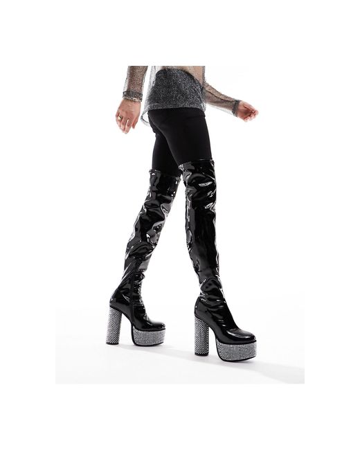 ASOS Black – overknee-stiefel aus em lack-kunstleder mit strassbesatz und absatz
