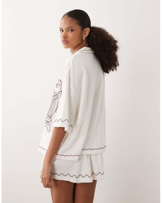 ASOS White Textured Jersey Revere Shirt Co-Ord With Fish Embroidery