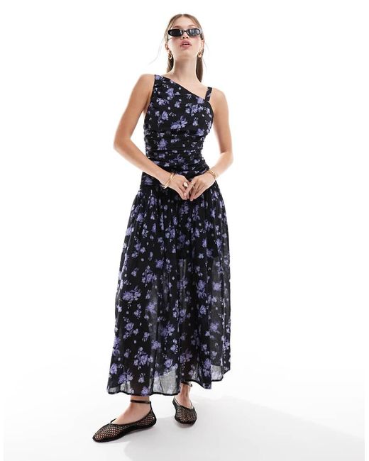 Vestito Midi Nero A Fiori Con Spalline Asimmetriche di ASOS in Blue