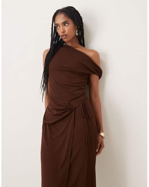 ASOS Brown Onion Skin Fallen Shoulder Tie Wrap Midi Dress