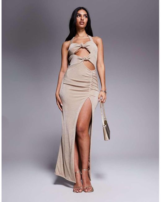 Aria Cove Asymmetrische Maxi-Jurk Met Halternek, Knopen, Uitsnijdingen En Split in het Gray