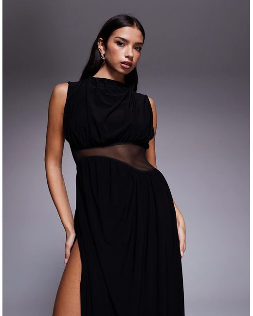 ASOS Black Midi Dress With Cowled Skirt And Mesh Cut Out Detailing