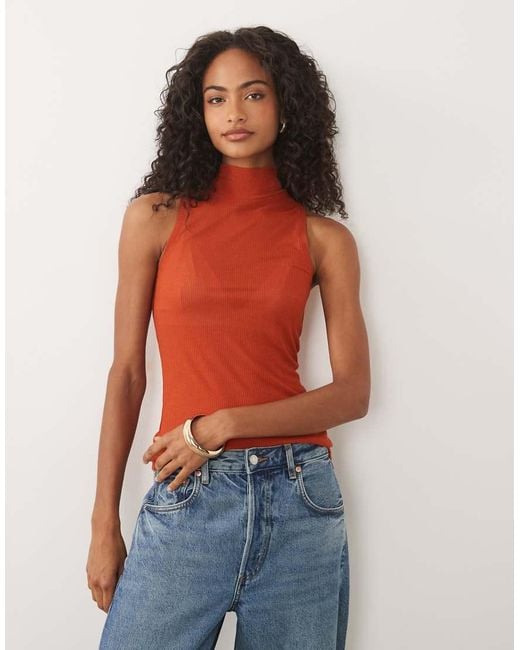 ASOS Orange Fine Rib High Neck Sleeveless Tank