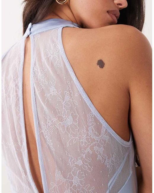 Kaiia Blue Exclusive Satin High Cowl Neck Lace Back Detail Maxi Dress