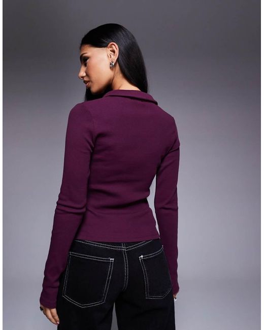 ASOS Purple Cotton Rib Polo Long Sleeve Top