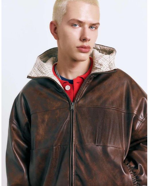 Pull&Bear Brown Distressed Leather Effect Jacket for men