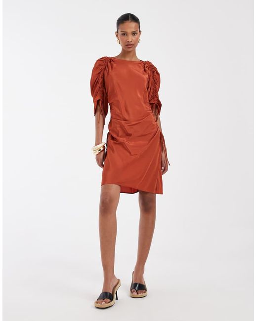 & Other Stories Red Ruched Volume Short Sleeve Mini Dress