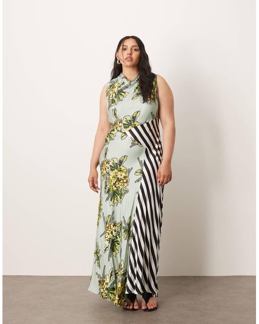 ARRANGE White Curve Floral Print And Stripe Sleeveless Cowl Neck Maxi Dress-multi