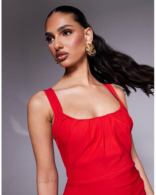 Vesper Red Square Neck Ruched Bust Bodycon Midi Dress