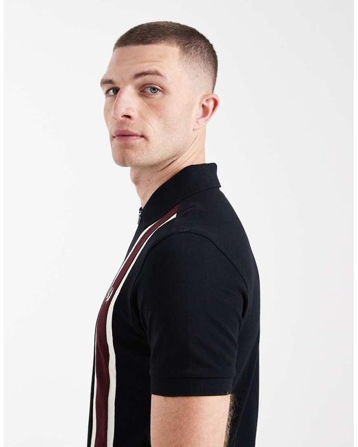 Fred Perry Black Tramline Quarter Zip Stripe Logo Polo Shirt for men