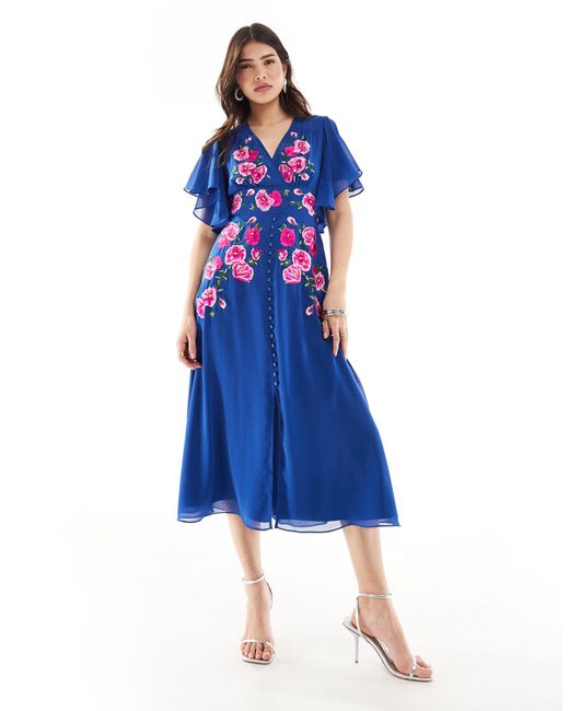 Hope & Ivy Blue Embroidered Midi Dress With Floaty Sleeves